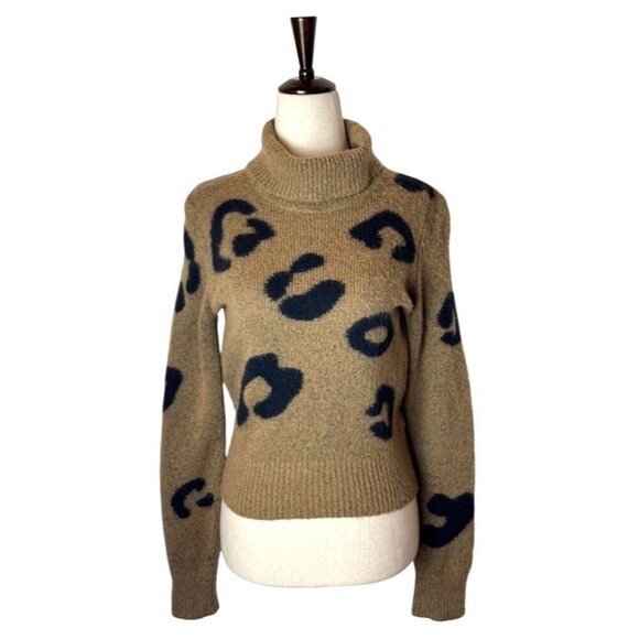 Veda Sweater Women Small Brown Black Leopard Print Cashmere Wool Turtleneck - Picture 1 of 8